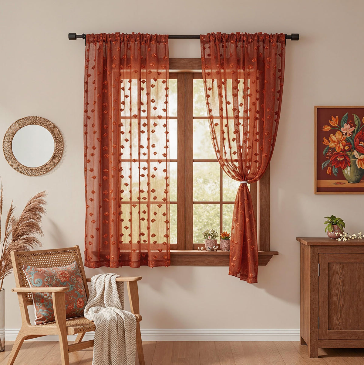 MYSKY HOME Beige Boho Sheer Curtains with Cream Pom Pom 50Wx84L,2 Panels