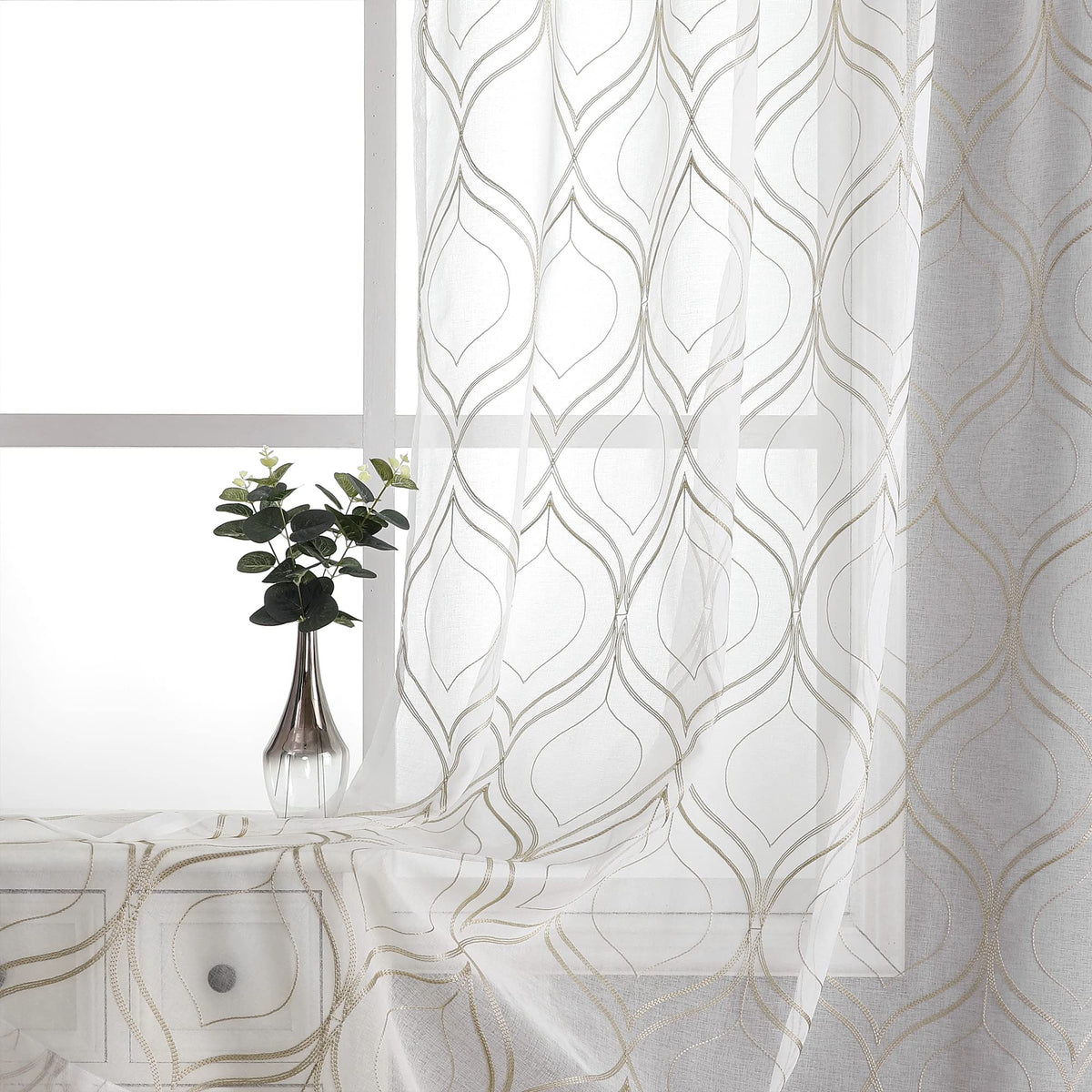VISIONTEX White Sheer Curtains Grey Moroccan Embroidered 63 Inch Length