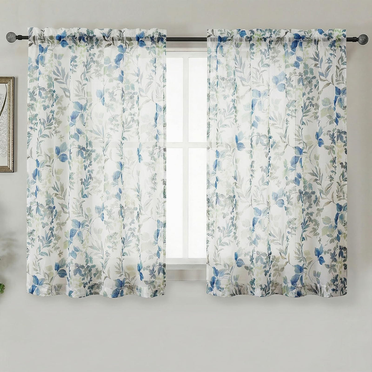 OWENIE Crushed Sheer Curtains 63 Inch Length 2 Panels Set, Sheer Floral Curtians with Printed Leaves Design, Printing Drapes for Living Room, Rod Pocket Light Filtering Window Sheers 42" W x 63" L