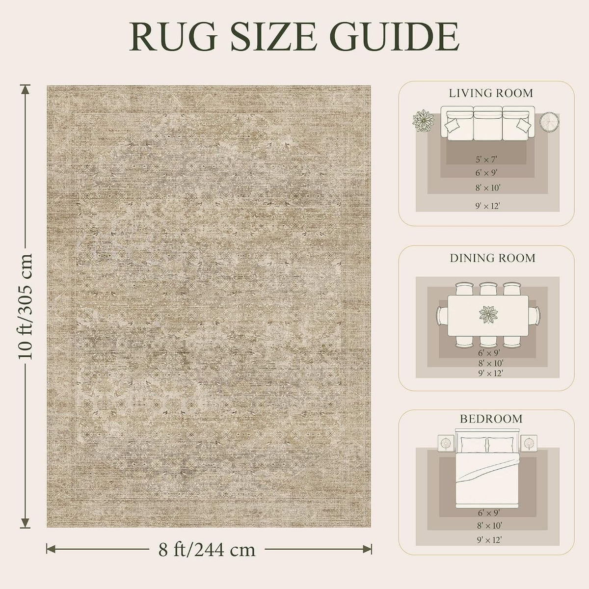 8x10 Washable Boho Area Rug, Dark Beige Farmhouse for Living Room