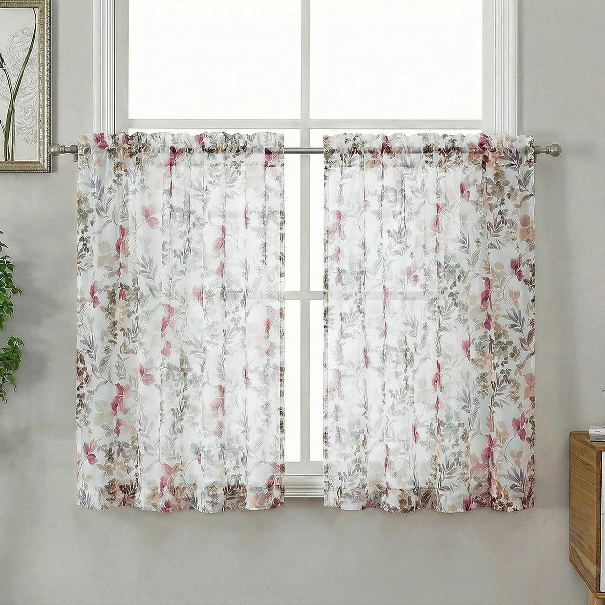 OWENIE Crushed Sheer Curtains 63 Inch Length 2 Panels Set, Sheer Floral Curtians with Printed Leaves Design, Printing Drapes for Living Room, Rod Pocket Light Filtering Window Sheers 42" W x 63" L