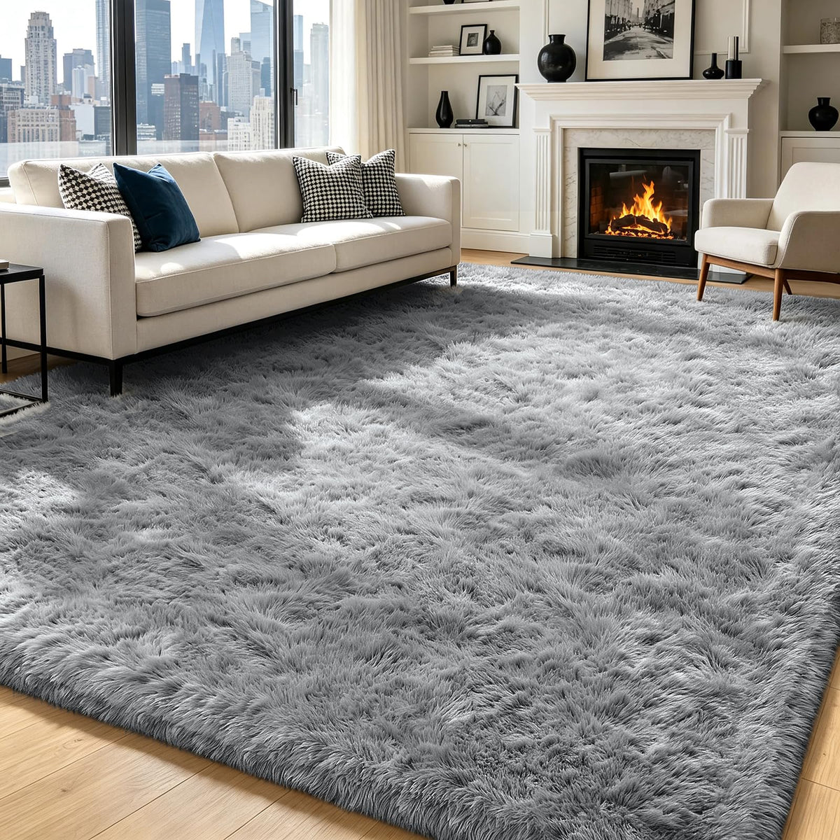 Beige 8x10 Area Rugs for Living Room, Fluffy Shag Rug Large Bedroom Carpet