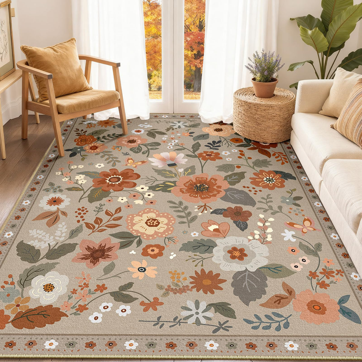 RELEANY Floral Washable 5x7 Area Rugs Pink