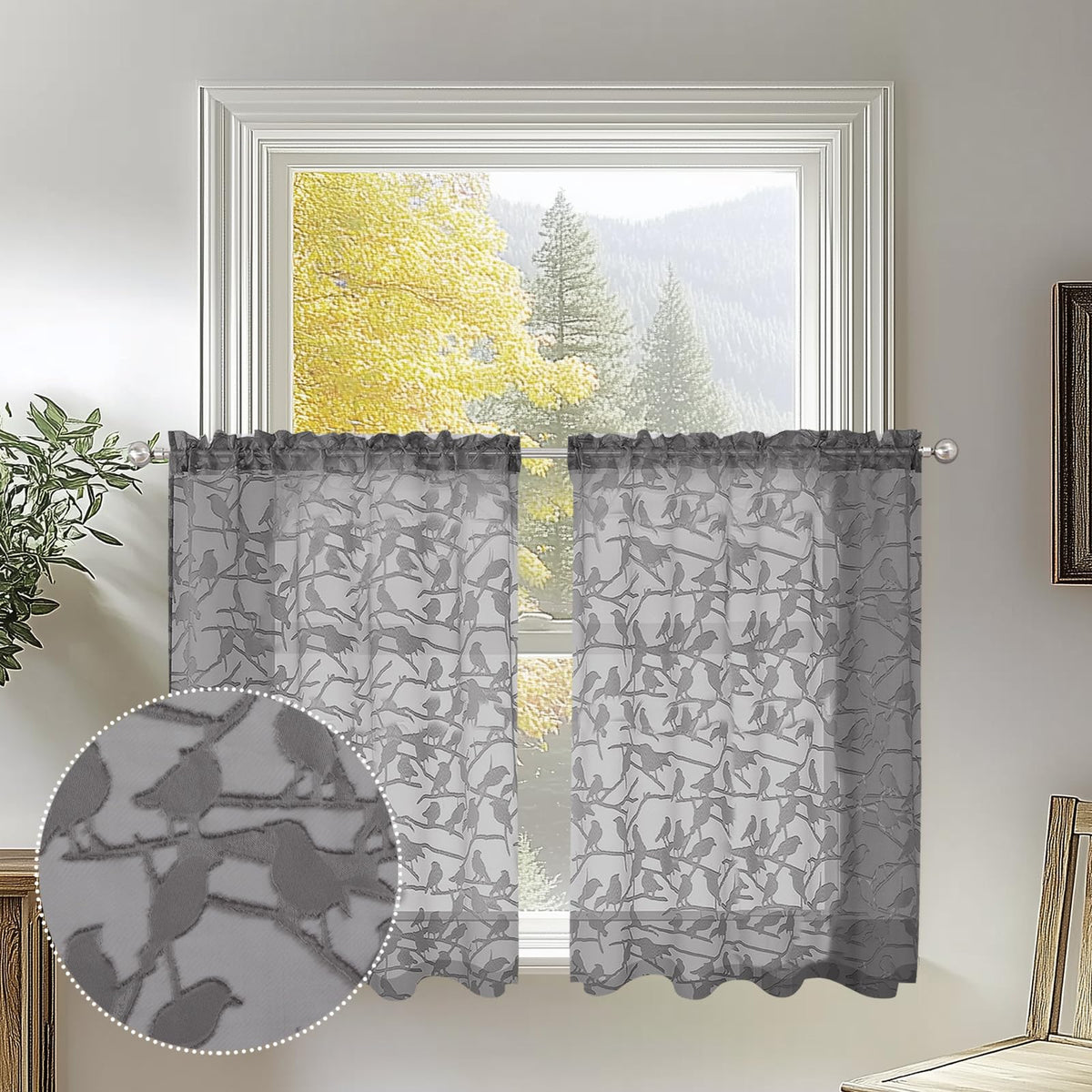 OVZME Sage Green Sheer Curtains 63 Inch Length 2 Panel Set, Light Filtering Bedroom Curtains with Dual Rod Pocket Top, Leaf Bird Clip Jacquard Sheer Farmhouse Window Drapes for Living Room, 2x38Wx63L