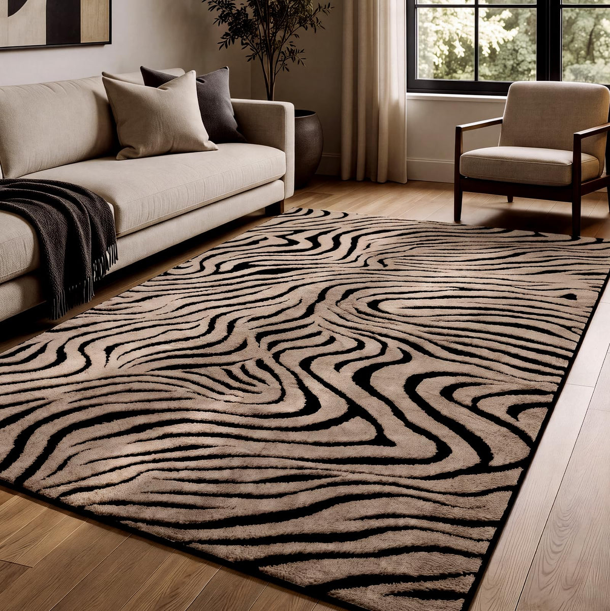 YIHOUSE 5×7 Ft Area Rugs for Living Room: Modern Washable Rug - Abstract Black and Cream White Rug for Bedroom Dining Room Office Playroom Nursery Home Decor - Nonslip Non-Shedding Striped Rugs