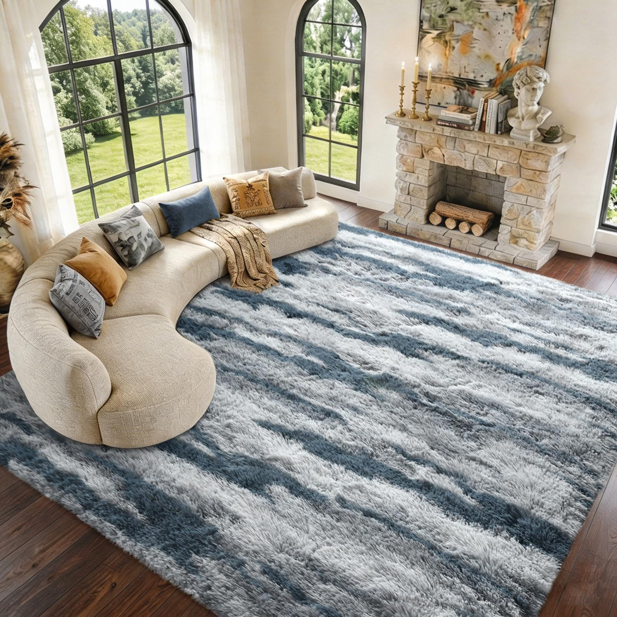 9x12 Extra Large Fluffy Area Rugs for Living Room Tie-Dyed Light Grey