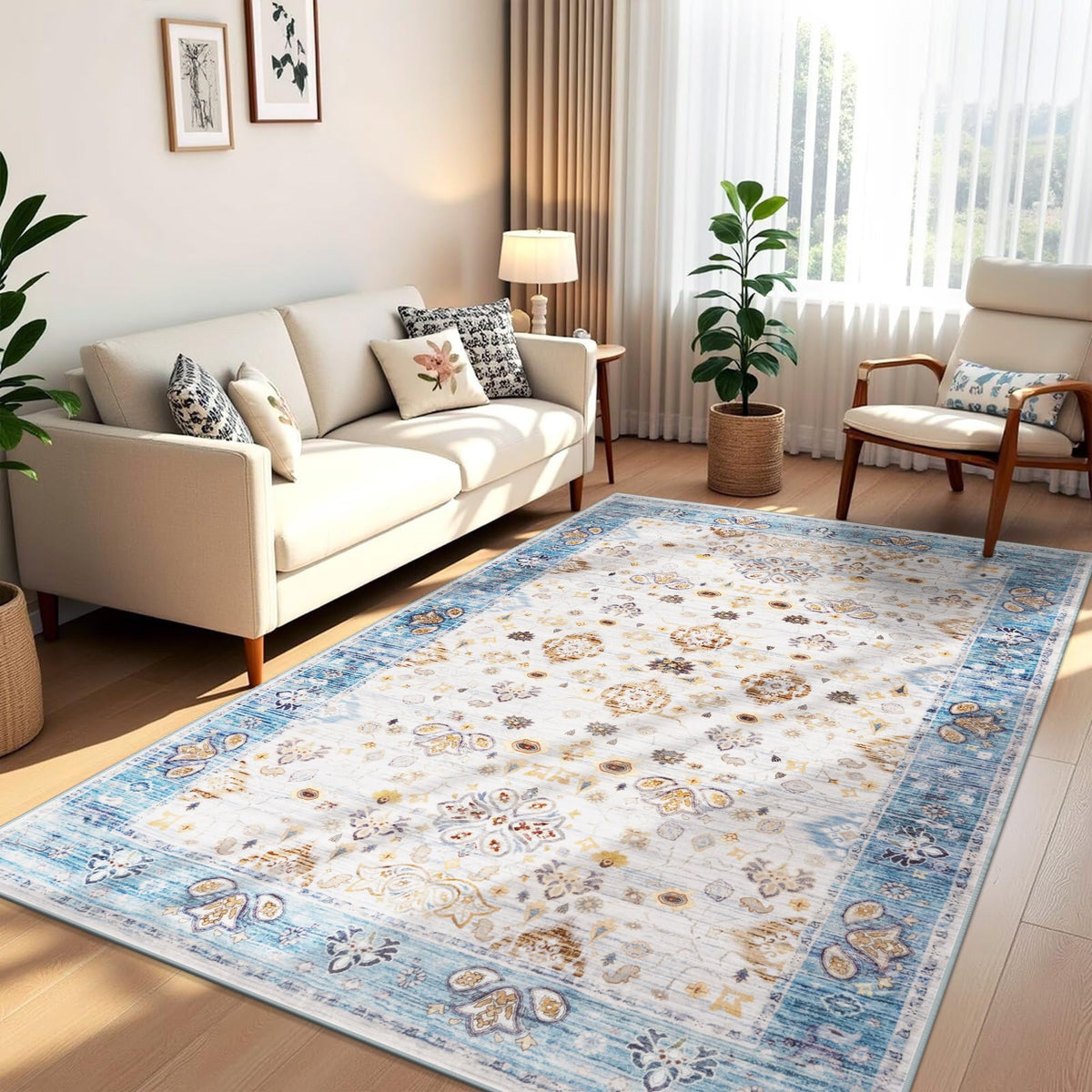 Hanples 5x7 Area Rugs for Living Room, Washable Rug Vintage Floral, Beige