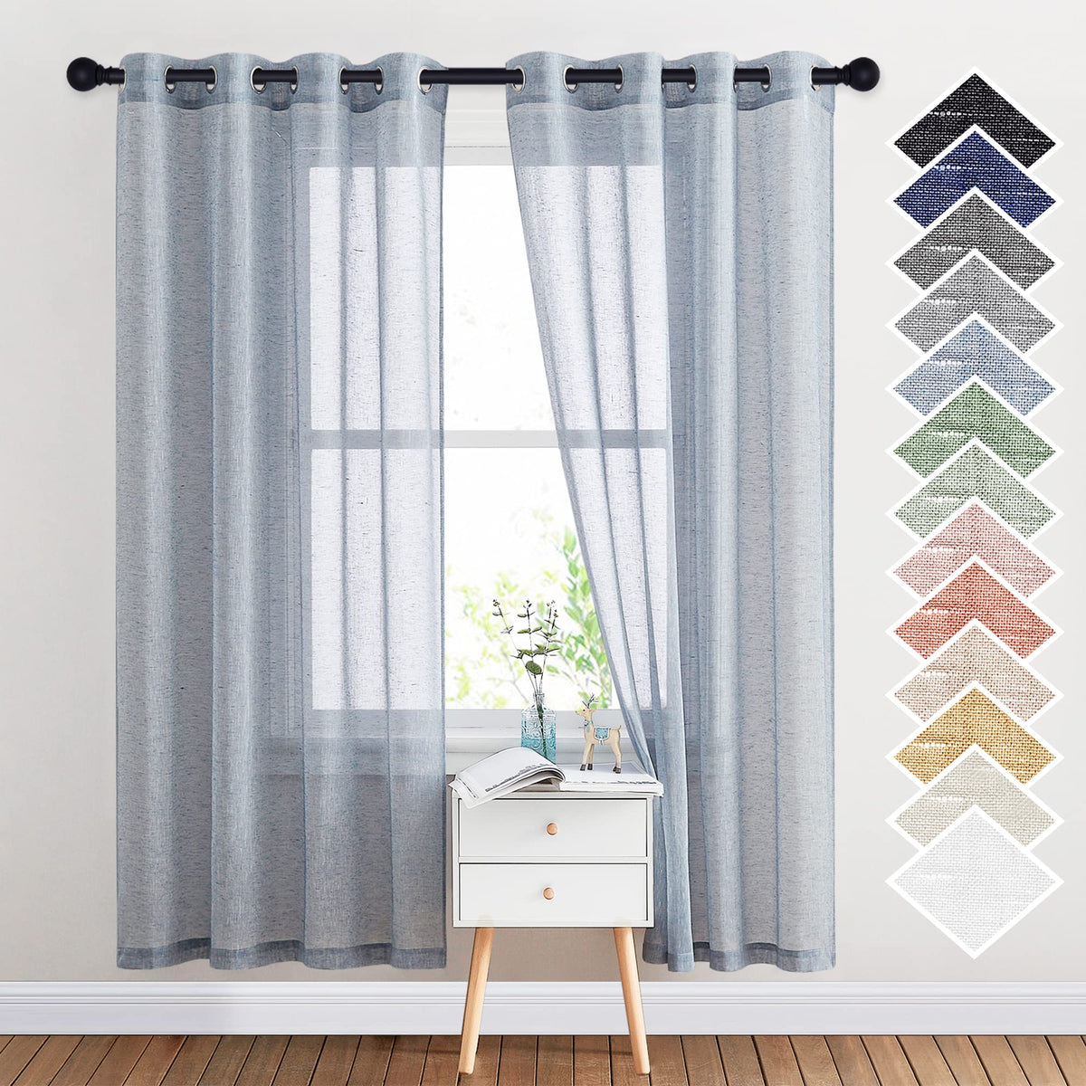NICETOWN White Sheer Linen Curtains 84 Inch Length 2 Panels Set, W52xL84