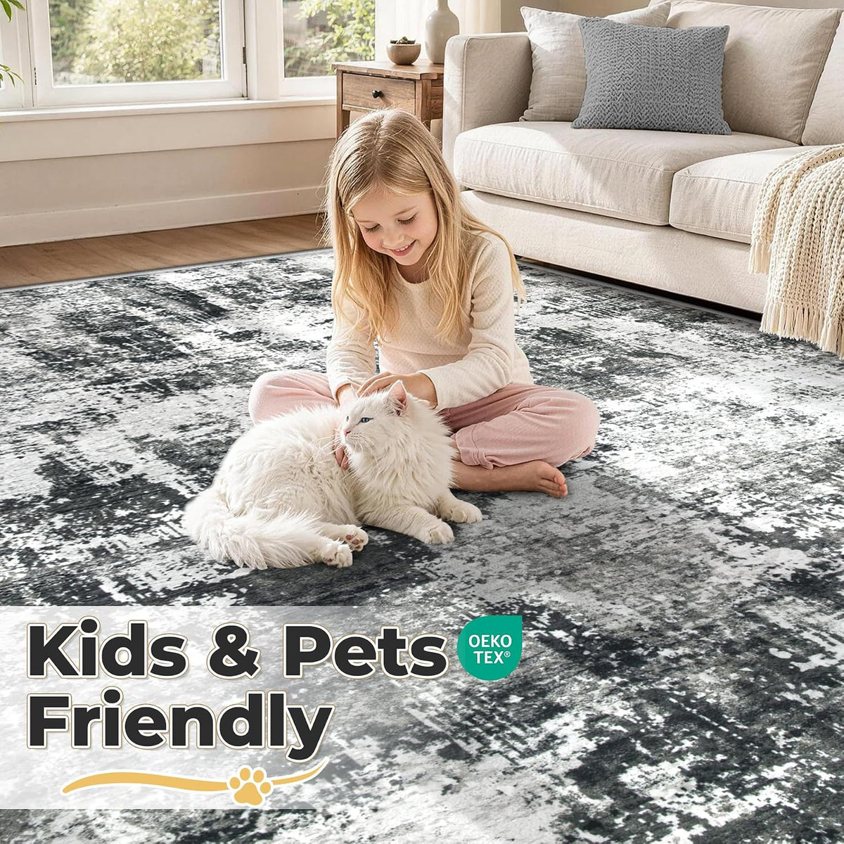 MXSANYOO 8x10 Area Rugs Washable Rug: Abstract Neutral Rugs Modern Non Slip Area Rug Stain Resistant Low Pile Indoor Carpet for Dining Room Bedroom Nursery Office (Black Grey, 8'x10')