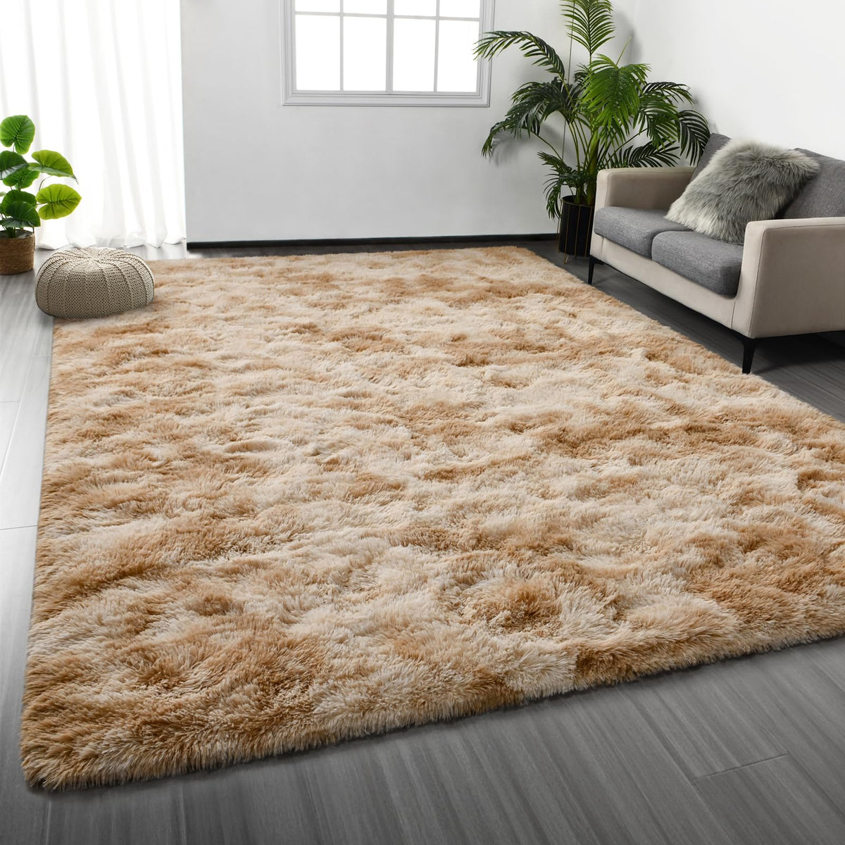 Deerhoo Large Shag Area Rugs 5 x 8, Tie-Dyed Plush Fuzzy Rugs, Light Grey