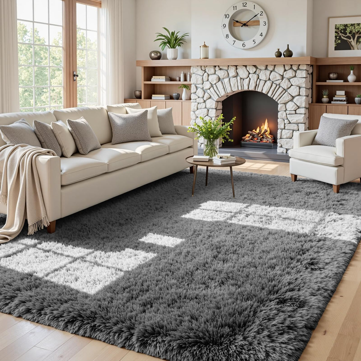 8x10 Fluffy Shag Area Rugs for Living Room Bedroom: Soft Plush Carpet Grey