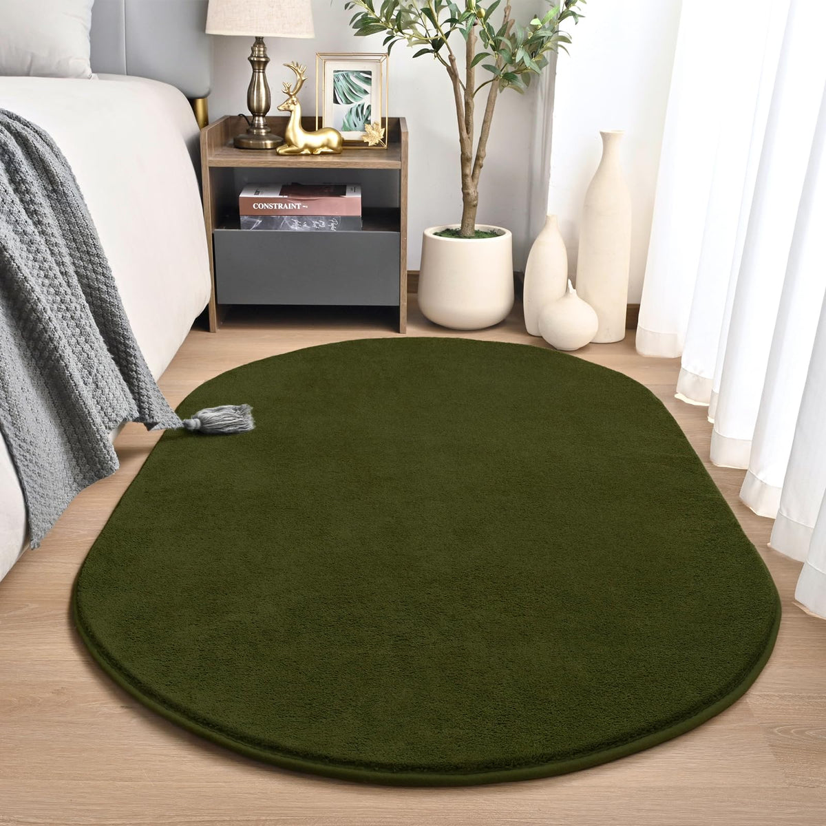 Amearea Soft Oval Rugs for Bedroom, 2.6 x 5.3 Black Bedroom Bedside Rug