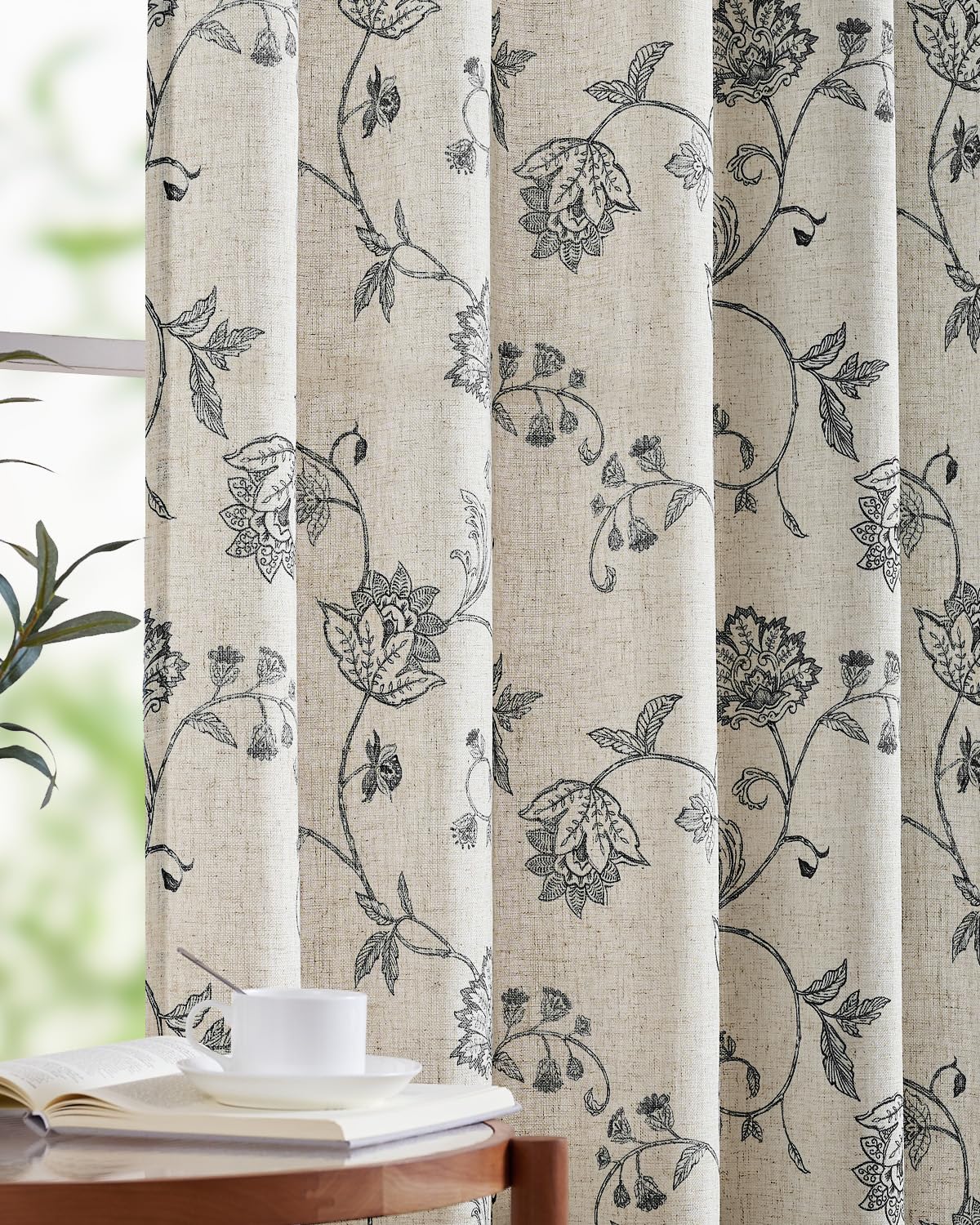 jinchan Green Floral Linen Curtains 84 Inch Vintage Back Tab 2 Panels