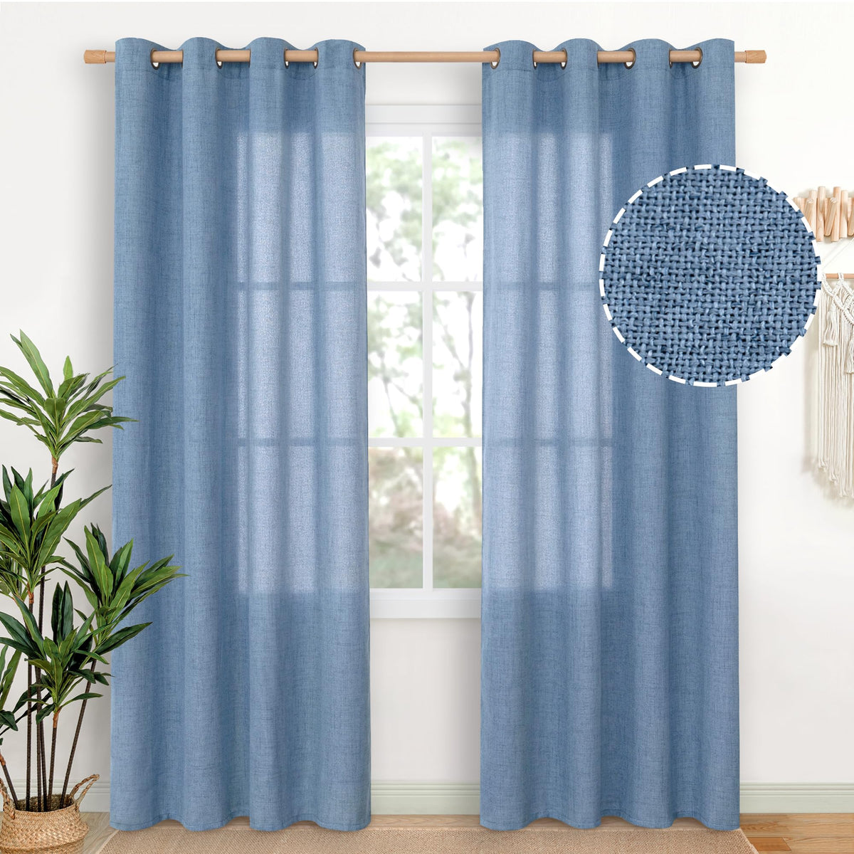 YoungsTex Linen Semi Sheer Curtains 63 Inch Length, Light Filtering Drapes