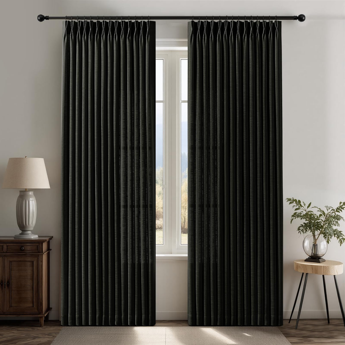 Pinch Pleated Linen Curtains 96 Inches Semi Sheer Light Filtering, 2 Panels