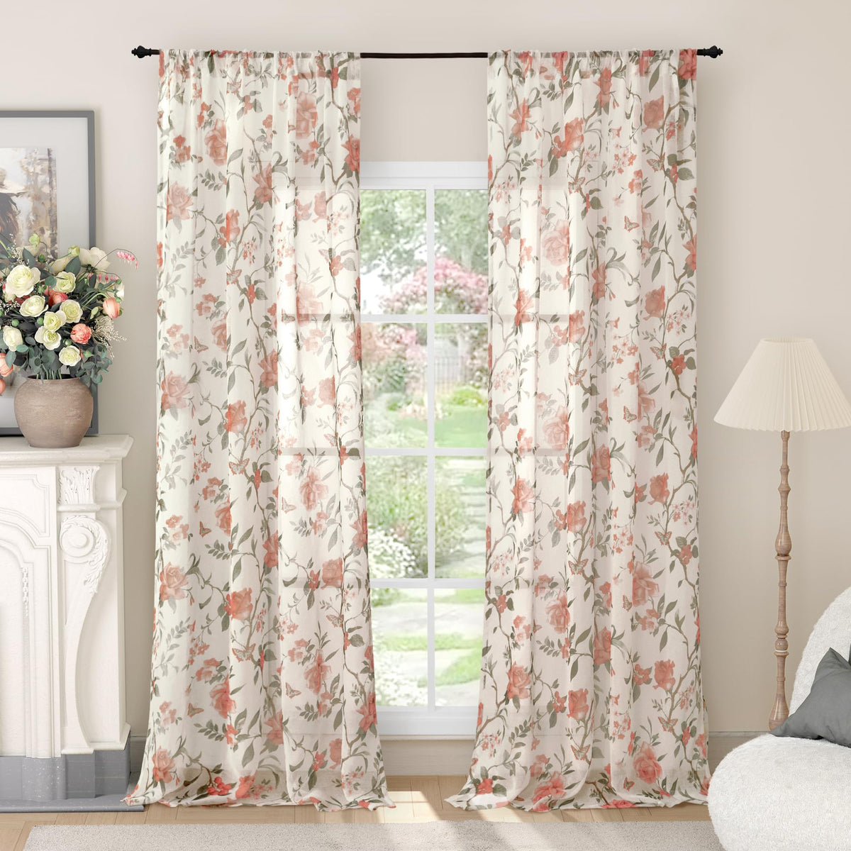 Lajode Pink Floral Sheer Curtains for Girls Room - 52x84 Inch 2 Panels