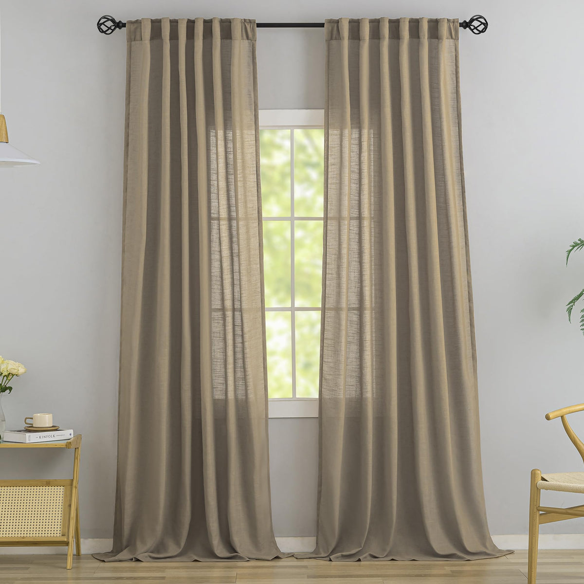 Natural Linen 144 Inch Length Curtains for Tall Floor Ceiling Villa Living Room -Cream Ivory Bak Tab Hooks Pleated Easy Open Sliding Semi Sheer 144 inch Extra Long 2 Story Window Curtains,12 Foot