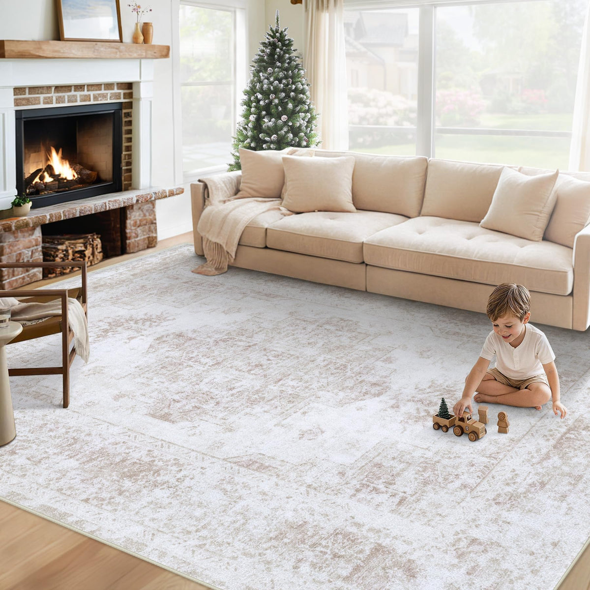XLUEZ Area Rug 8x10 Living Room Rug, Machine Washable Vintage Distressed Medallion Rug Non-Slip Soft Low Pile Large Indoor Rugs for Bedroom Dining Room Office Children's Room (Beige,8'x10')