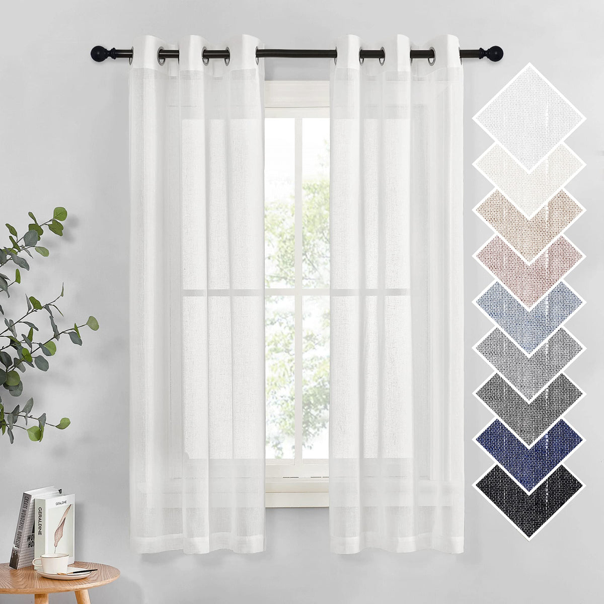 NICETOWN White Sheer Linen Curtains 84 Inch Length 2 Panels Set, W52xL84