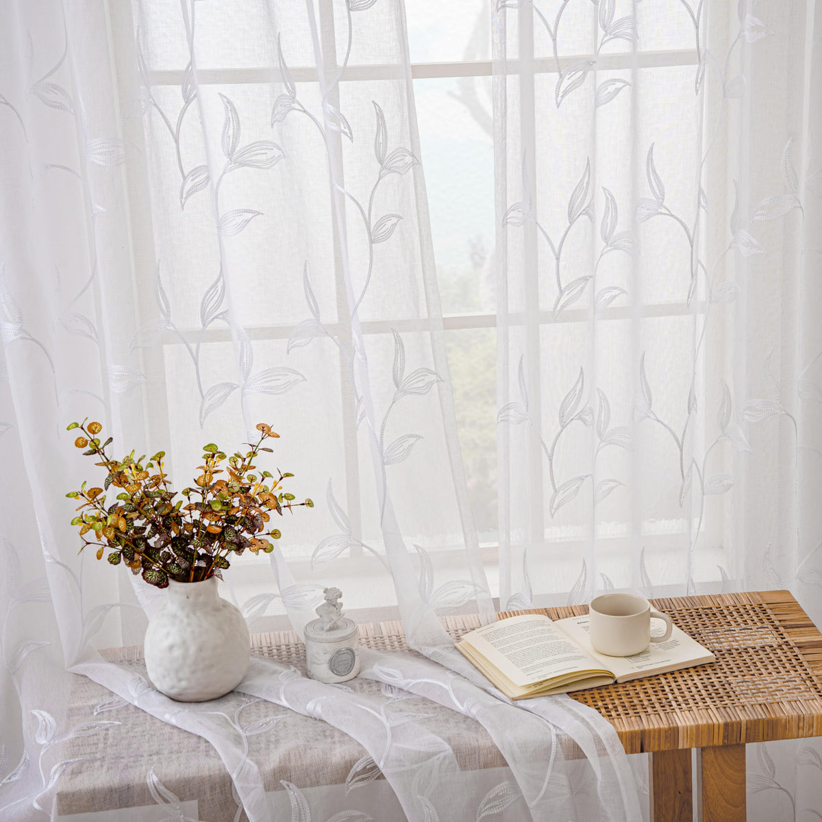 VISIONTEX Sheer Curtains Boho Leaf Floral Embroidered Cream Beige 54Wx84L