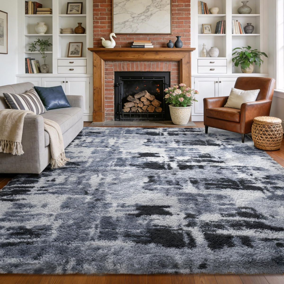 9x12 Extra Large Fluffy Area Rugs for Living Room Tie-Dyed Light Grey