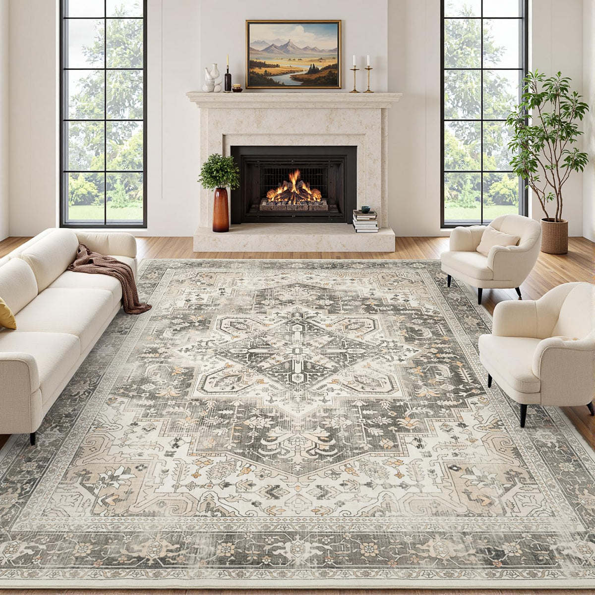 Rugflix 8x10 Area Rugs for Living Room, Washable Large Rug Stain-Resistant Low Pile, Modern Dark Carpet for Dining Room Home Office Kid Room Nursery Bedroom, Navy Blue/Black