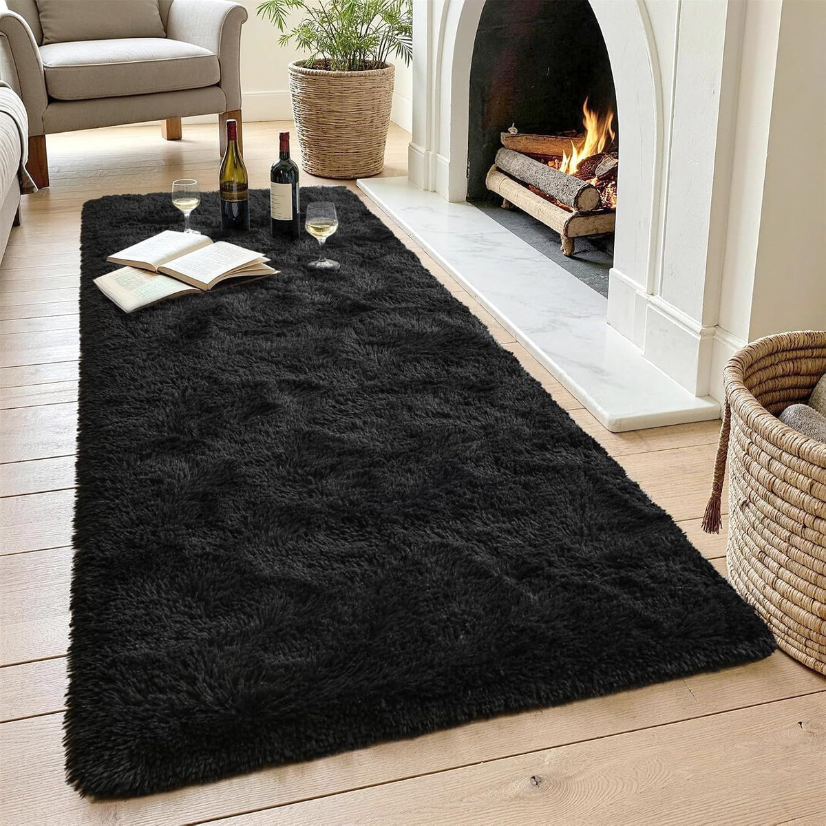 Noahas 2x6 Black Fluffy Soft Runner Rug Non-Slip for Bedroom Dorm Hallway