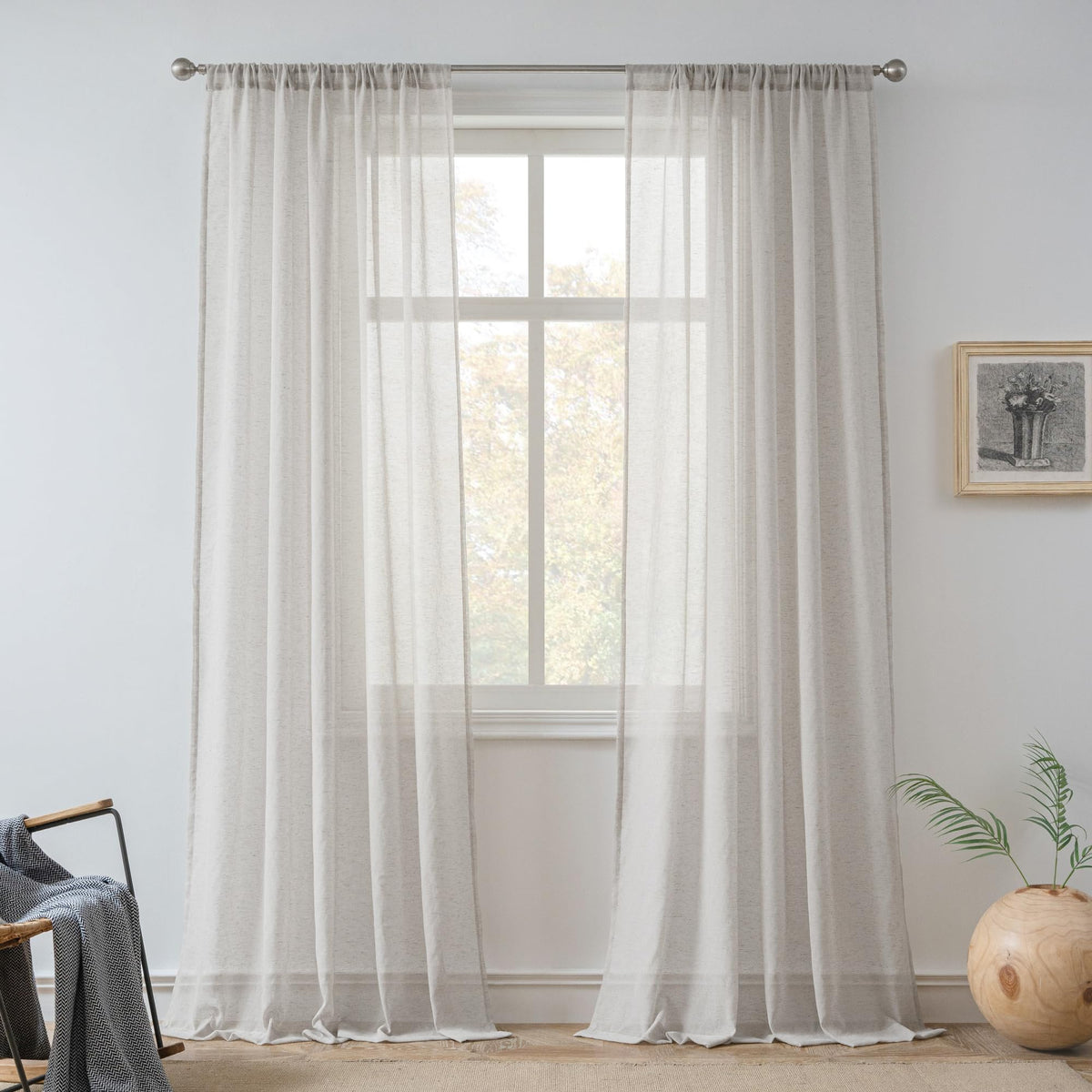 FMFUNCTEX Beige Linen Pinch Pleated Sheer Curtains, 96 Inches, 2 Panels