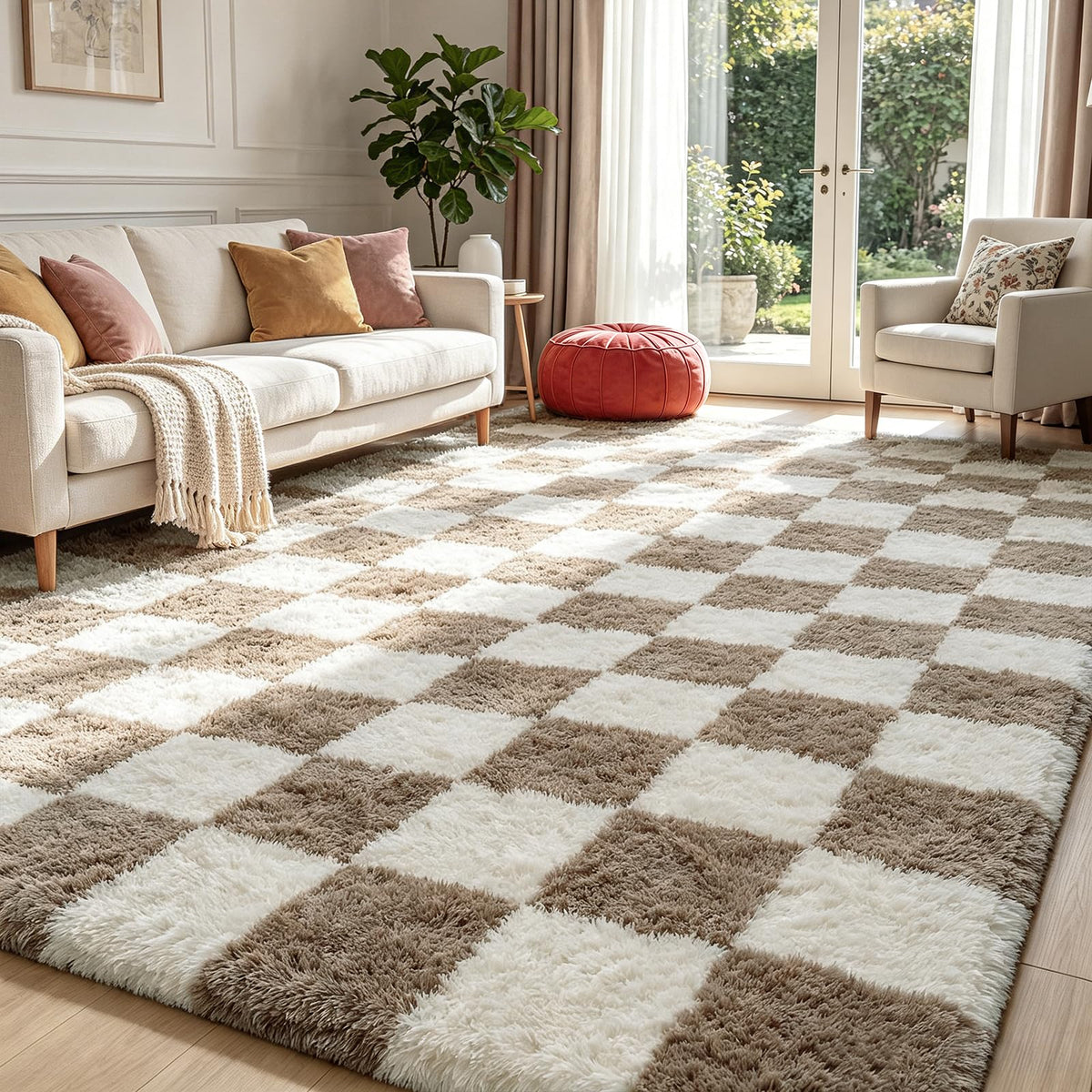 Beige 8x10 Area Rugs for Living Room, Fluffy Shag Rug Large Bedroom Carpet