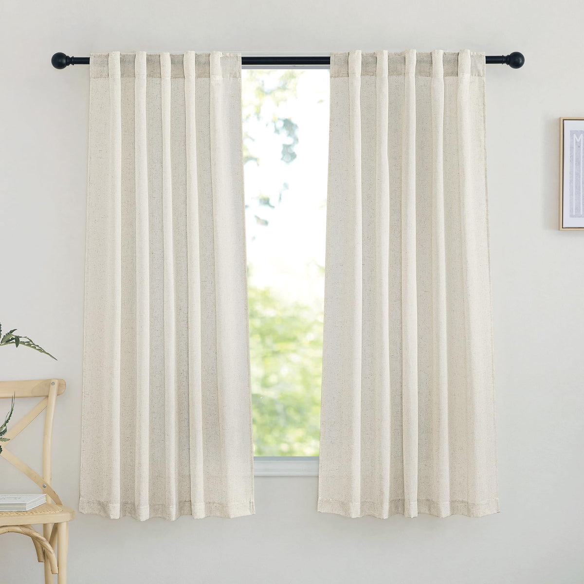 NICETOWN Natural Linen Curtains & Drapes for Windows 84 inch Long, Rod Pocket & Back Tab Thick Flax Semi Sheer Privacy Assured with Light Filtering for Bedroom/Living Room, W55 x L84, 2 Pieces