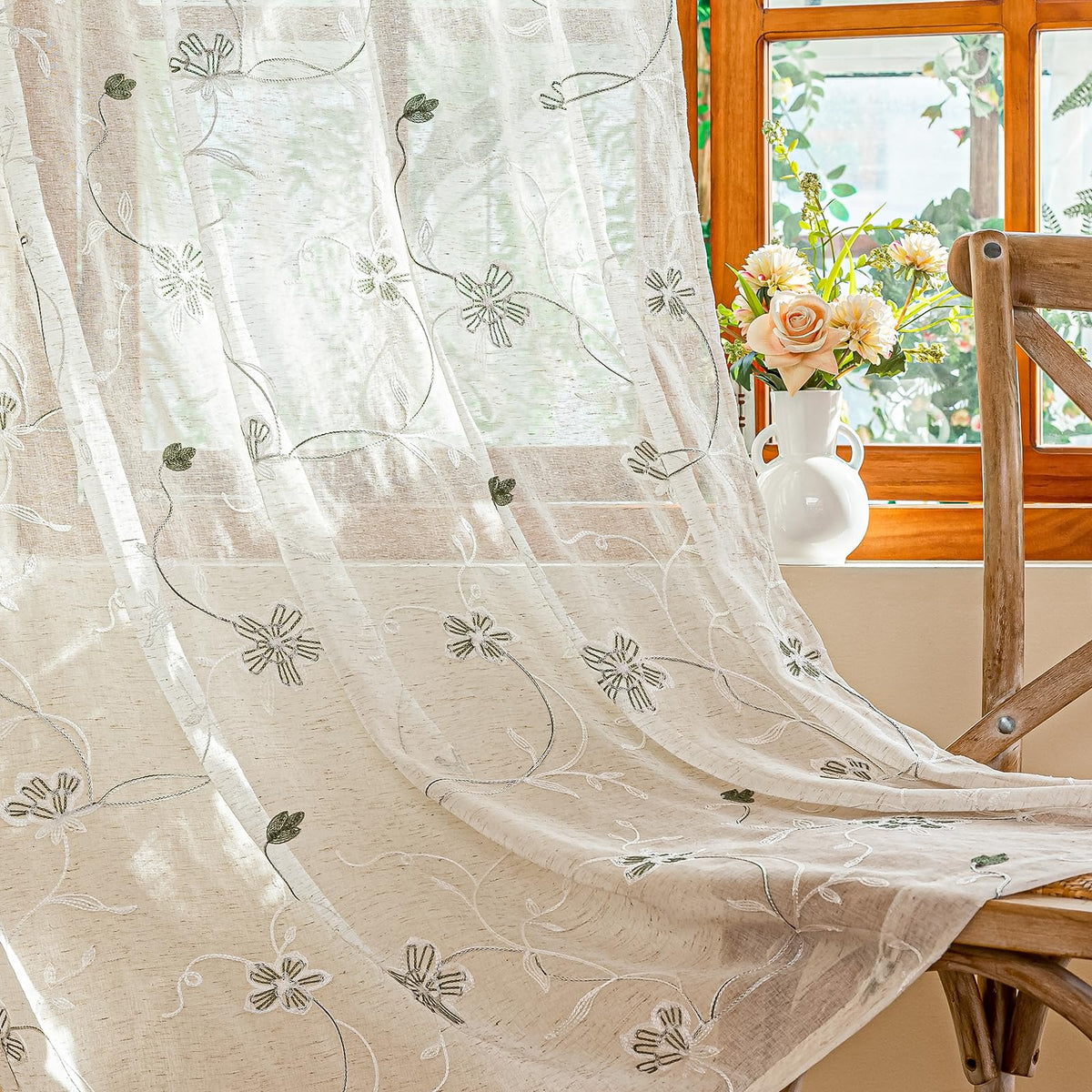 AmHoo 2 Panels Linen Floral Leaf Embroidered Semi Sheer Curtain Farmhouse Voile Curtains for Living Room Bedroom Window Treatment Beige 52 x 84 Inch
