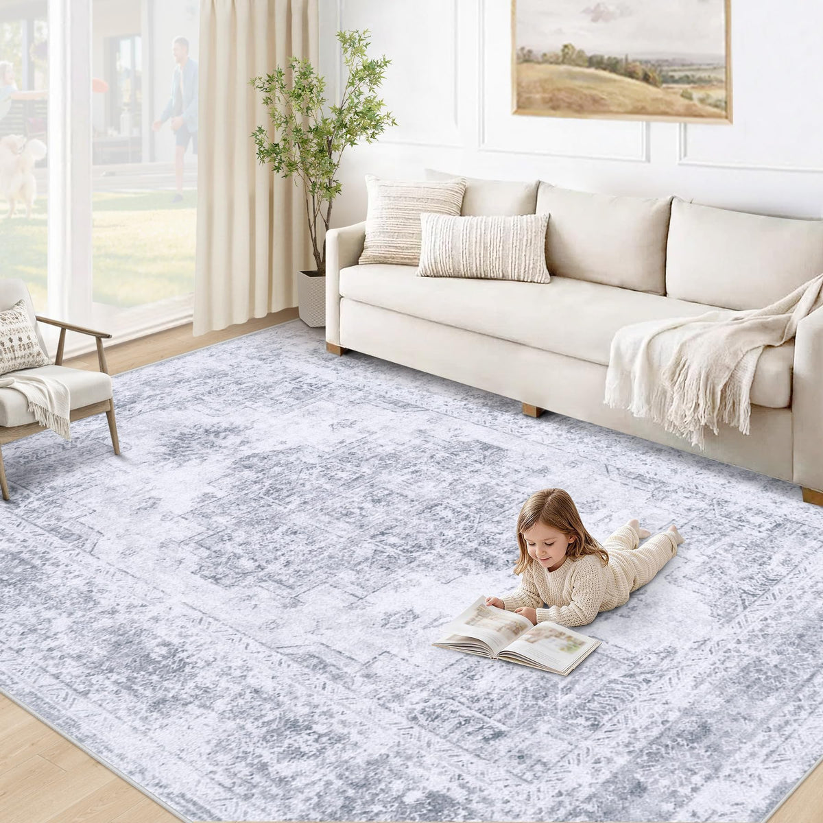 XLUEZ Area Rug 8x10 Living Room Rug, Machine Washable Vintage Distressed Medallion Rug Non-Slip Soft Low Pile Large Indoor Rugs for Bedroom Dining Room Office Children's Room (Beige,8'x10')