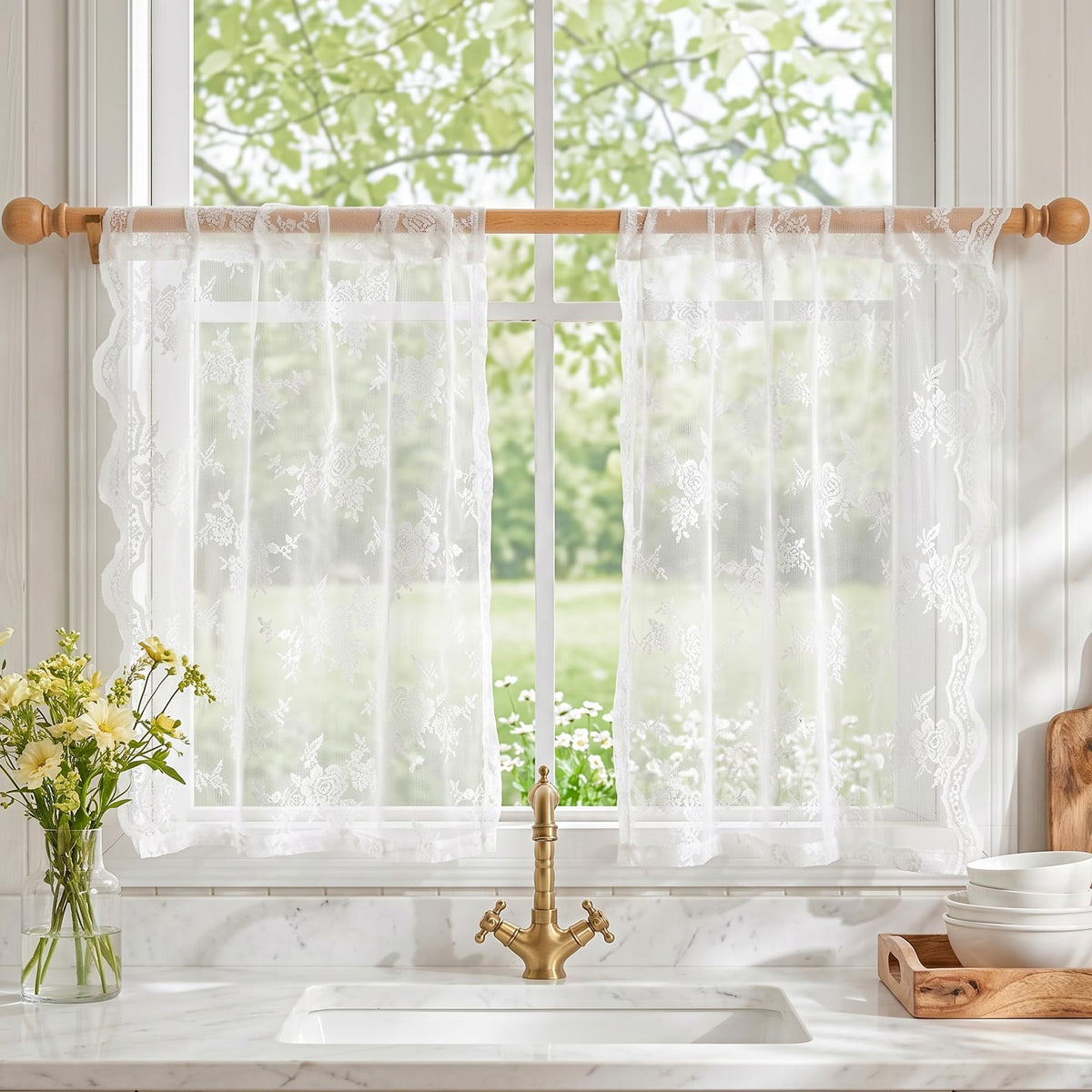 MEETSKY White Lace Curtains 84 Inches Long Floral Victorian Sheer Curtains