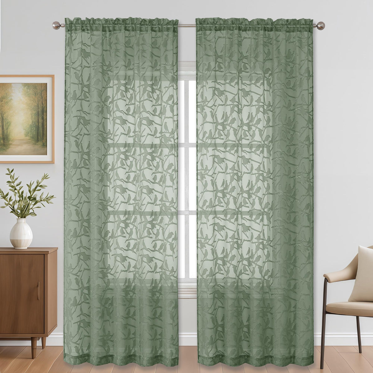OVZME Sage Green Sheer Curtains 63 Inch Length 2 Panel Set, Light Filtering Bedroom Curtains with Dual Rod Pocket Top, Leaf Bird Clip Jacquard Sheer Farmhouse Window Drapes for Living Room, 2x38Wx63L