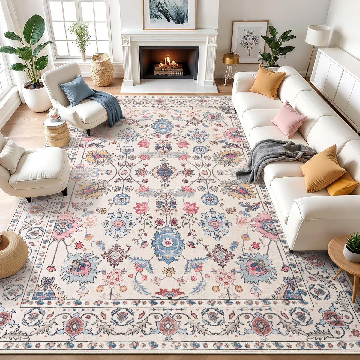 Hanples 5x7 Area Rugs for Living Room, Washable Rug Vintage Floral, Beige