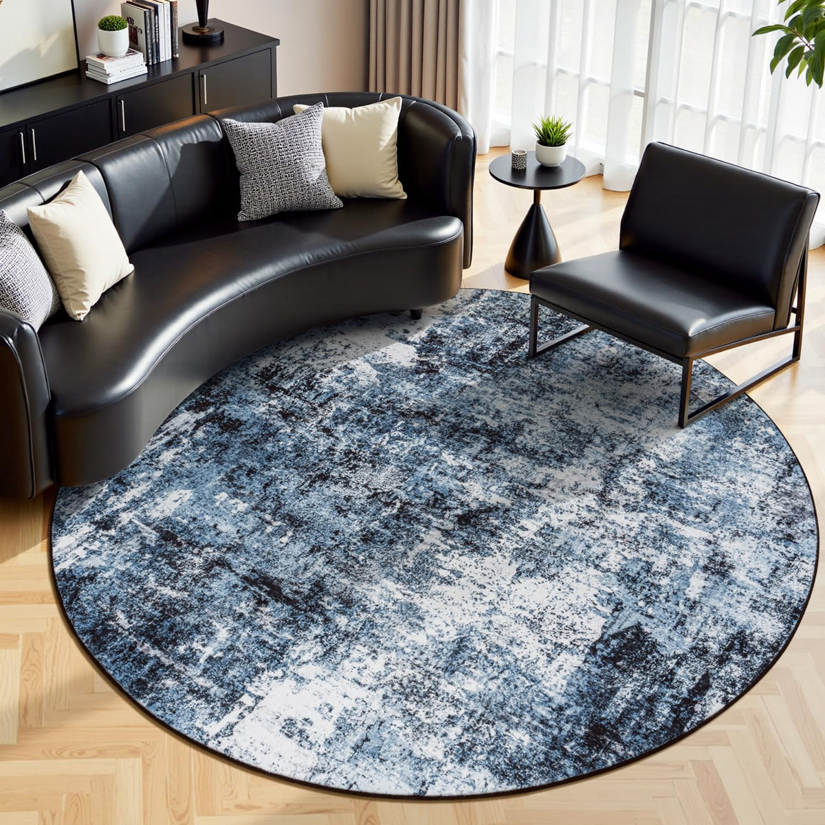 Rugflix 8x10 Area Rugs for Living Room, Washable Large Rug Stain-Resistant Low Pile, Modern Dark Carpet for Dining Room Home Office Kid Room Nursery Bedroom, Navy Blue/Black