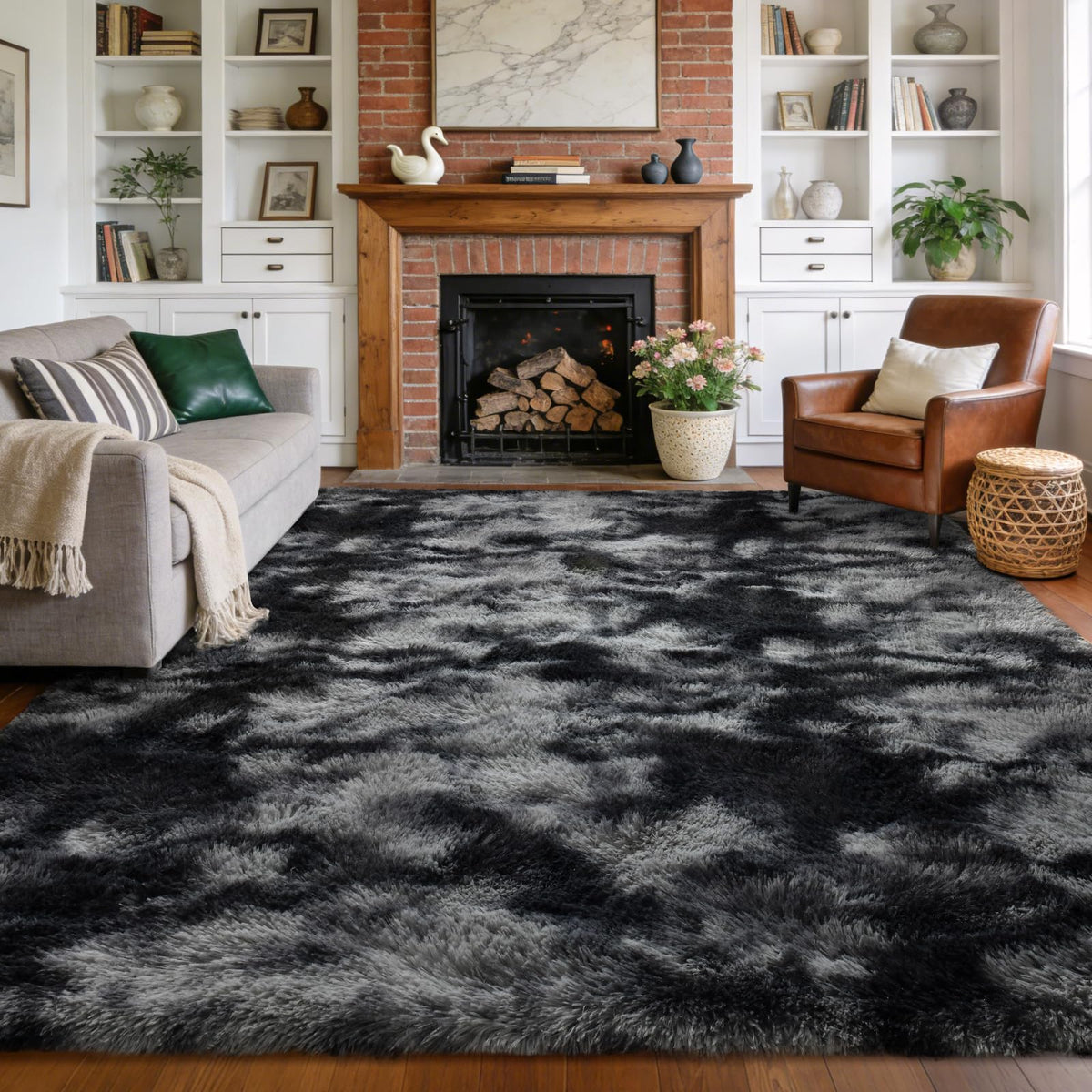 9x12 Extra Large Fluffy Area Rugs for Living Room Tie-Dyed Light Grey