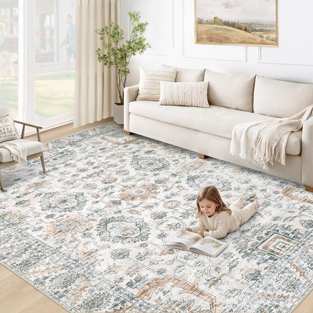 XLUEZ Area Rug 8x10 Living Room Rug, Machine Washable Vintage Distressed Medallion Rug Non-Slip Soft Low Pile Large Indoor Rugs for Bedroom Dining Room Office Children's Room (Beige,8'x10')