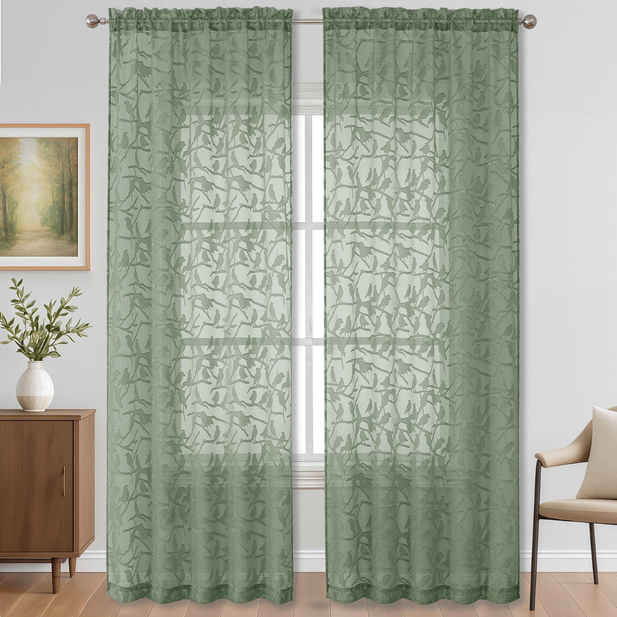 OVZME Sage Green Sheer Curtains 63 Inch Length 2 Panel Set, Light Filtering Bedroom Curtains with Dual Rod Pocket Top, Leaf Bird Clip Jacquard Sheer Farmhouse Window Drapes for Living Room, 2x38Wx63L