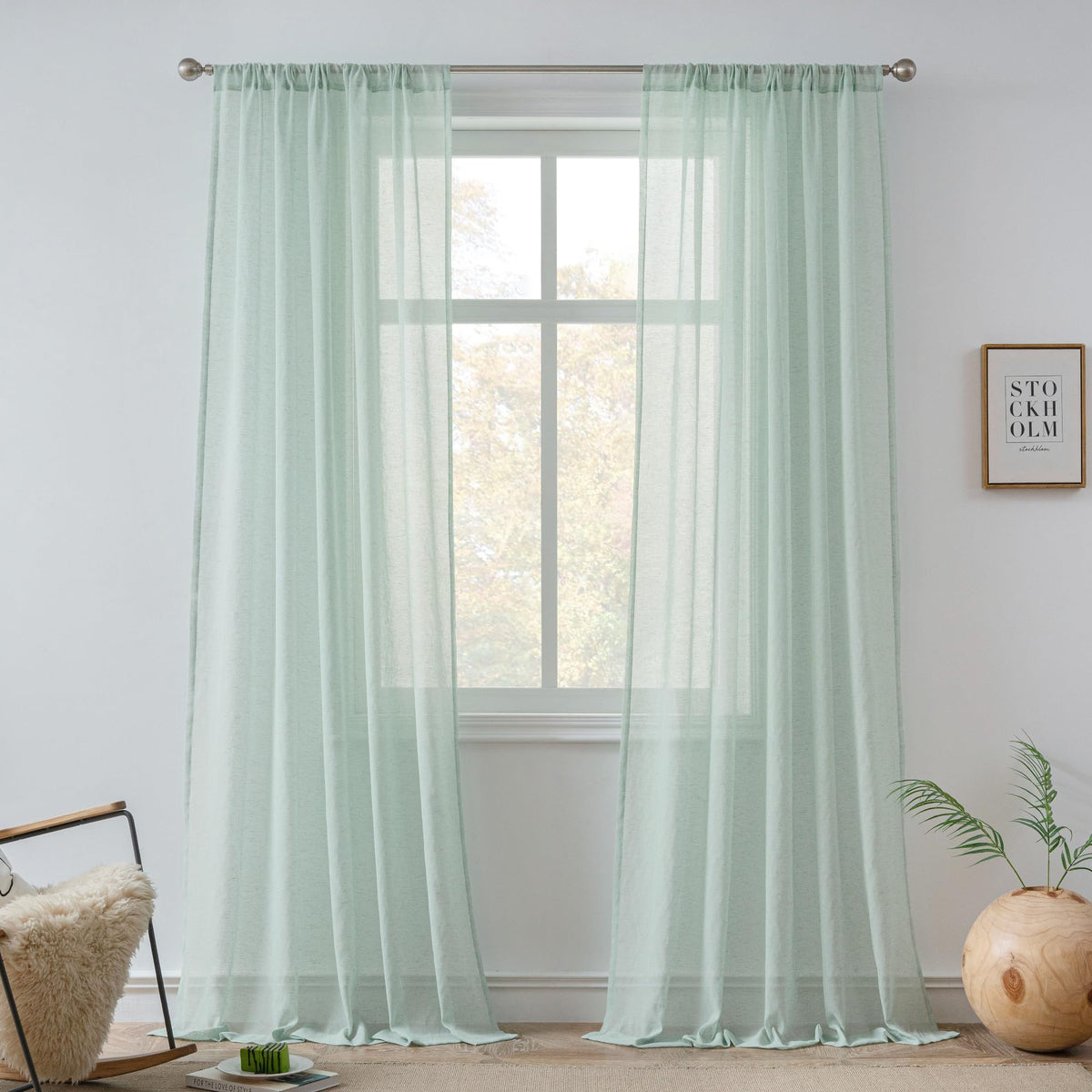 FMFUNCTEX Beige Linen Pinch Pleated Sheer Curtains, 96 Inches, 2 Panels