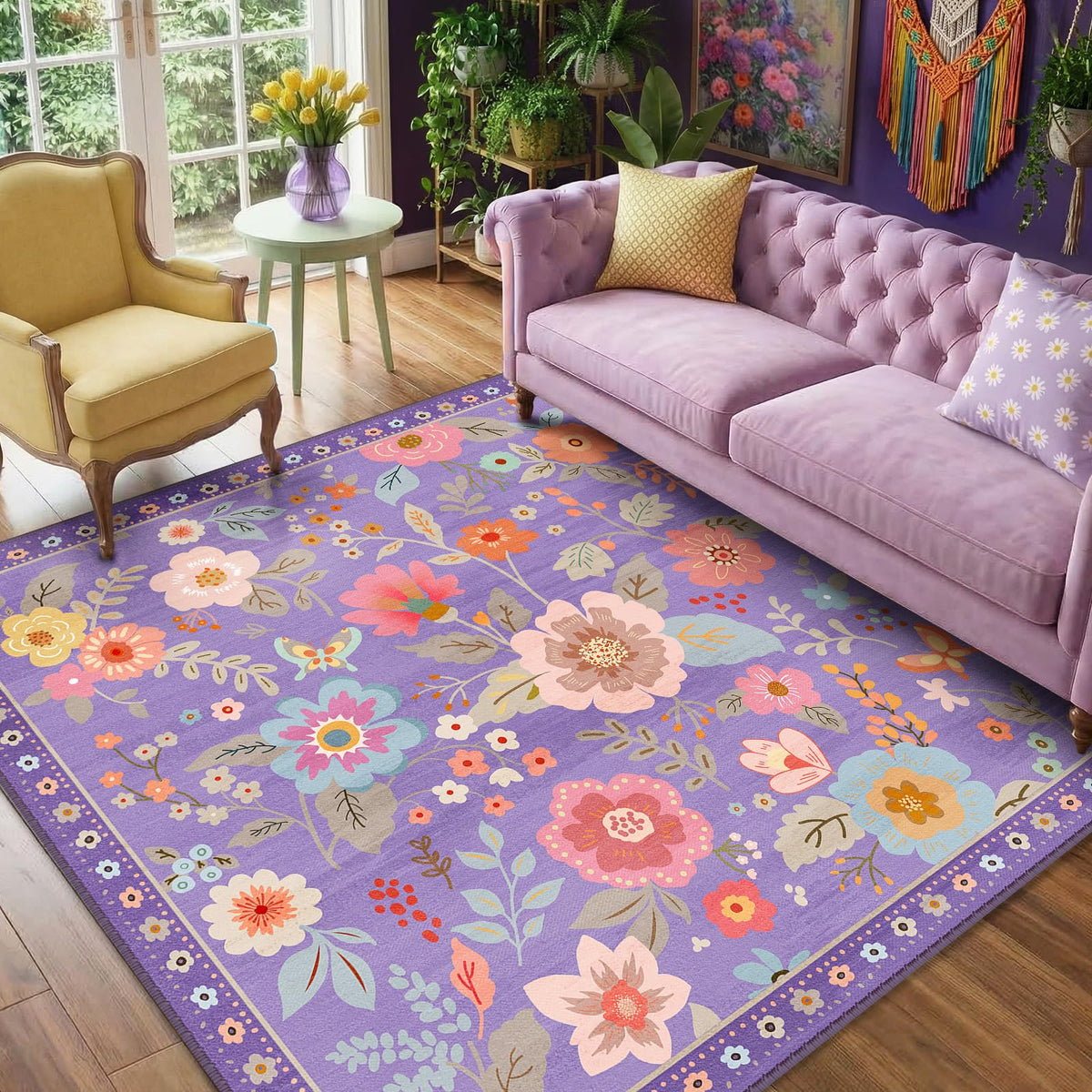 RELEANY Floral Washable 5x7 Area Rugs Pink