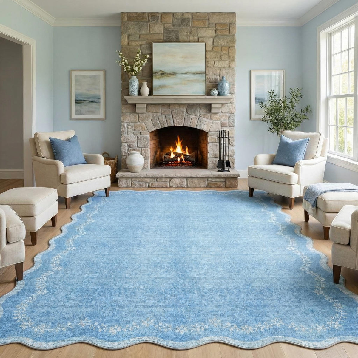 GarveeHome 5x7 Scalloped Area Rug Jute Washable Bedroom Living Room Rug