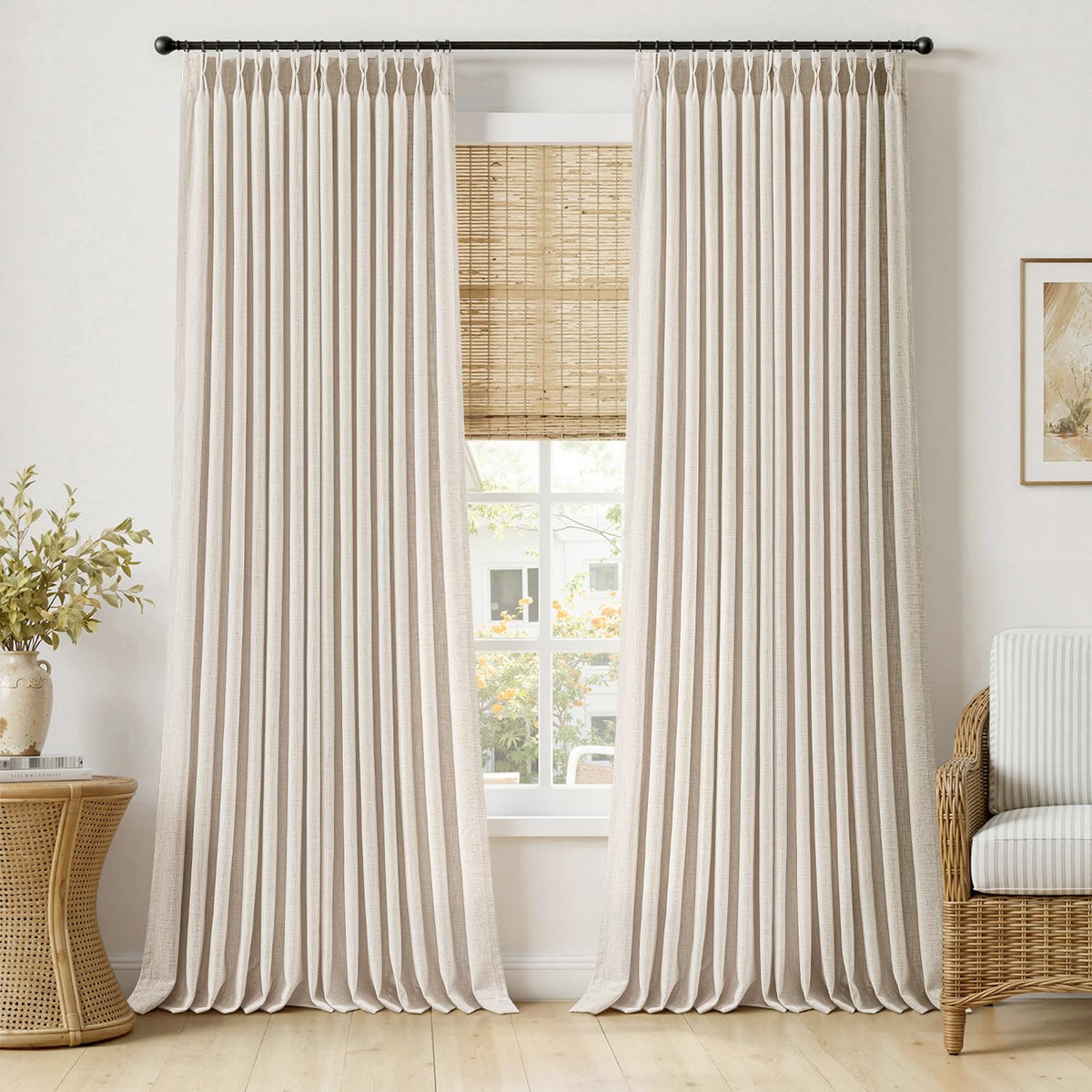 MIULEE Pinch Pleated Thick Linen Curtains 96 Inches Burlap Brown Curtains