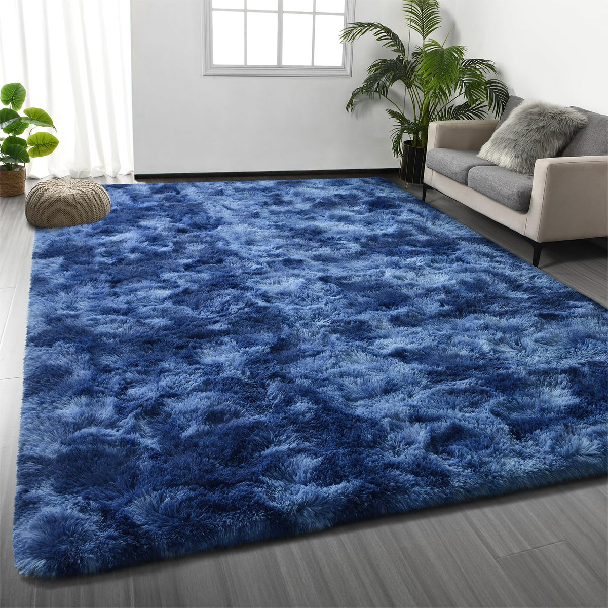 Deerhoo Large Shag Area Rugs 5 x 8, Tie-Dyed Plush Fuzzy Rugs, Light Grey