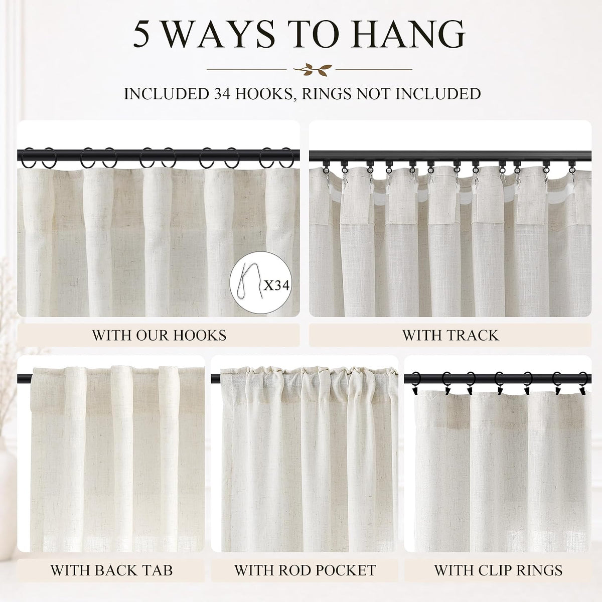Jowels Natural Linen Curtains 84 Inches Long 2 Panels for Living Room