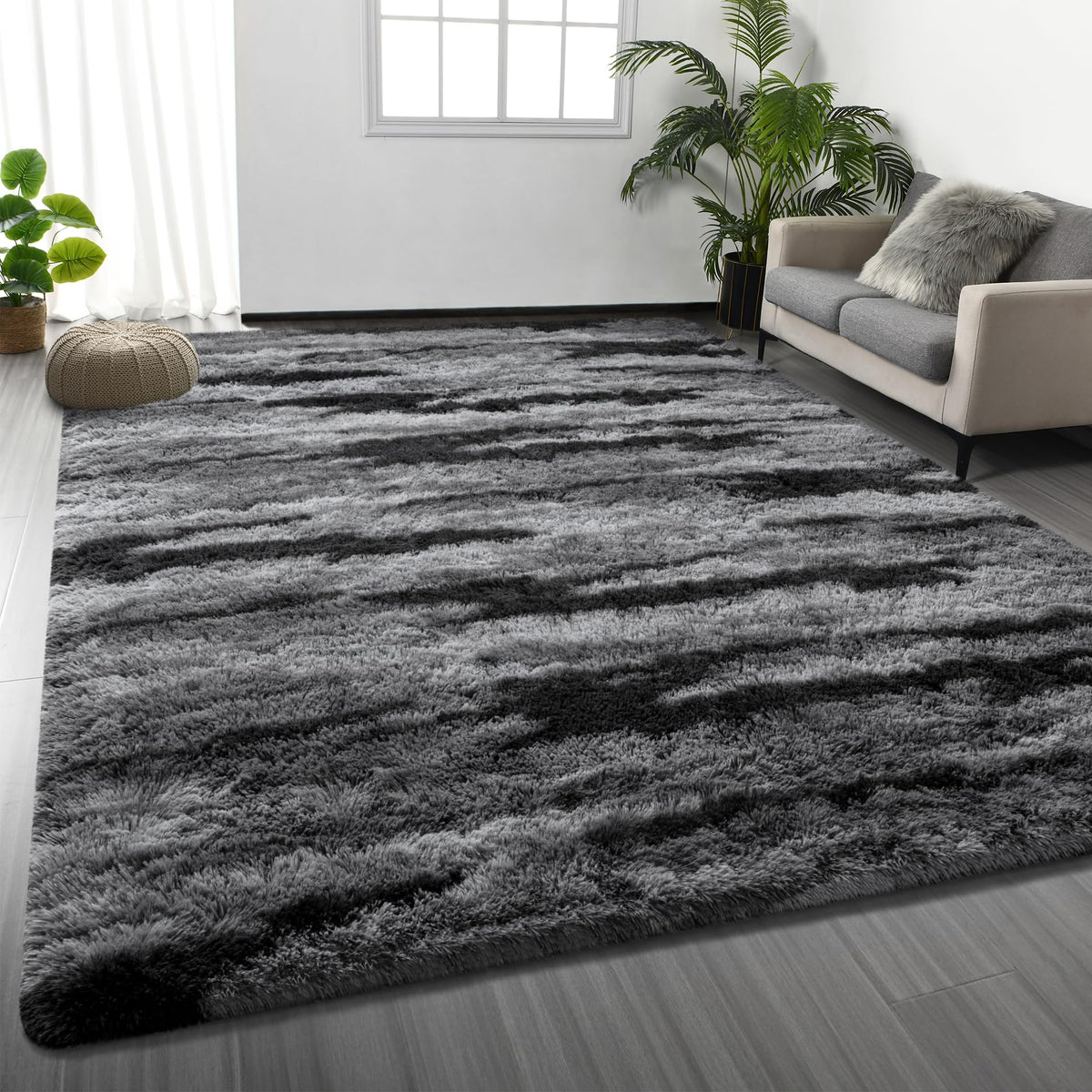 Deerhoo Large Shag Area Rugs 5 x 8, Tie-Dyed Plush Fuzzy Rugs, Light Grey