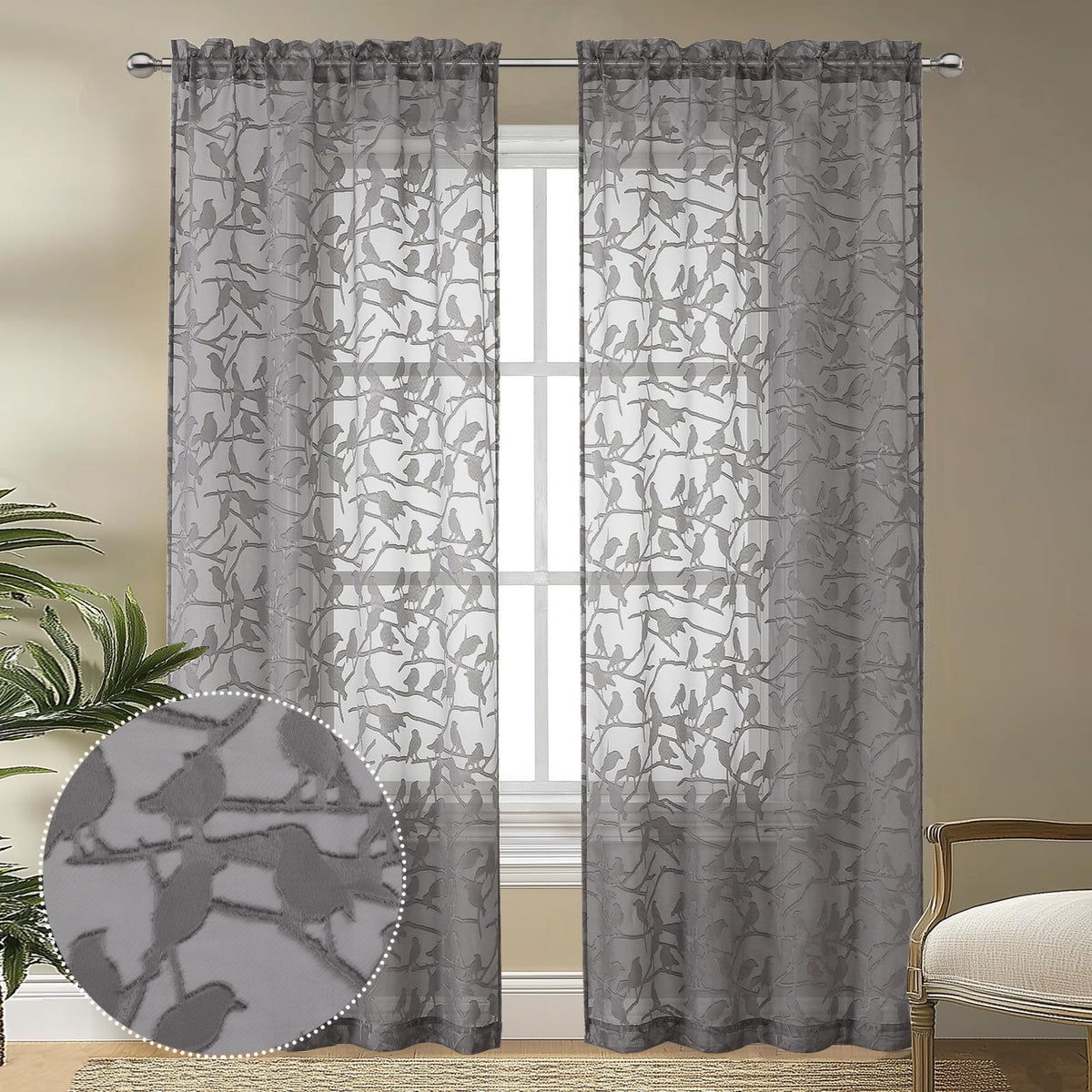 OVZME Sage Green Sheer Curtains 63 Inch Length 2 Panel Set, Light Filtering Bedroom Curtains with Dual Rod Pocket Top, Leaf Bird Clip Jacquard Sheer Farmhouse Window Drapes for Living Room, 2x38Wx63L
