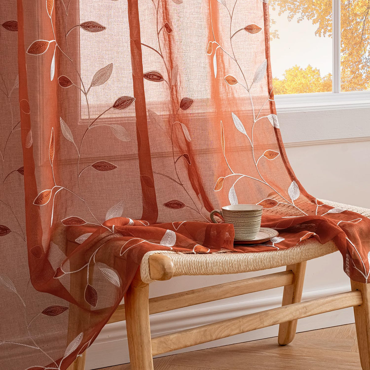 MIULEE Beige Sheer Curtains 2 Panels Embroidered Leaf Patterned, W52 x L84