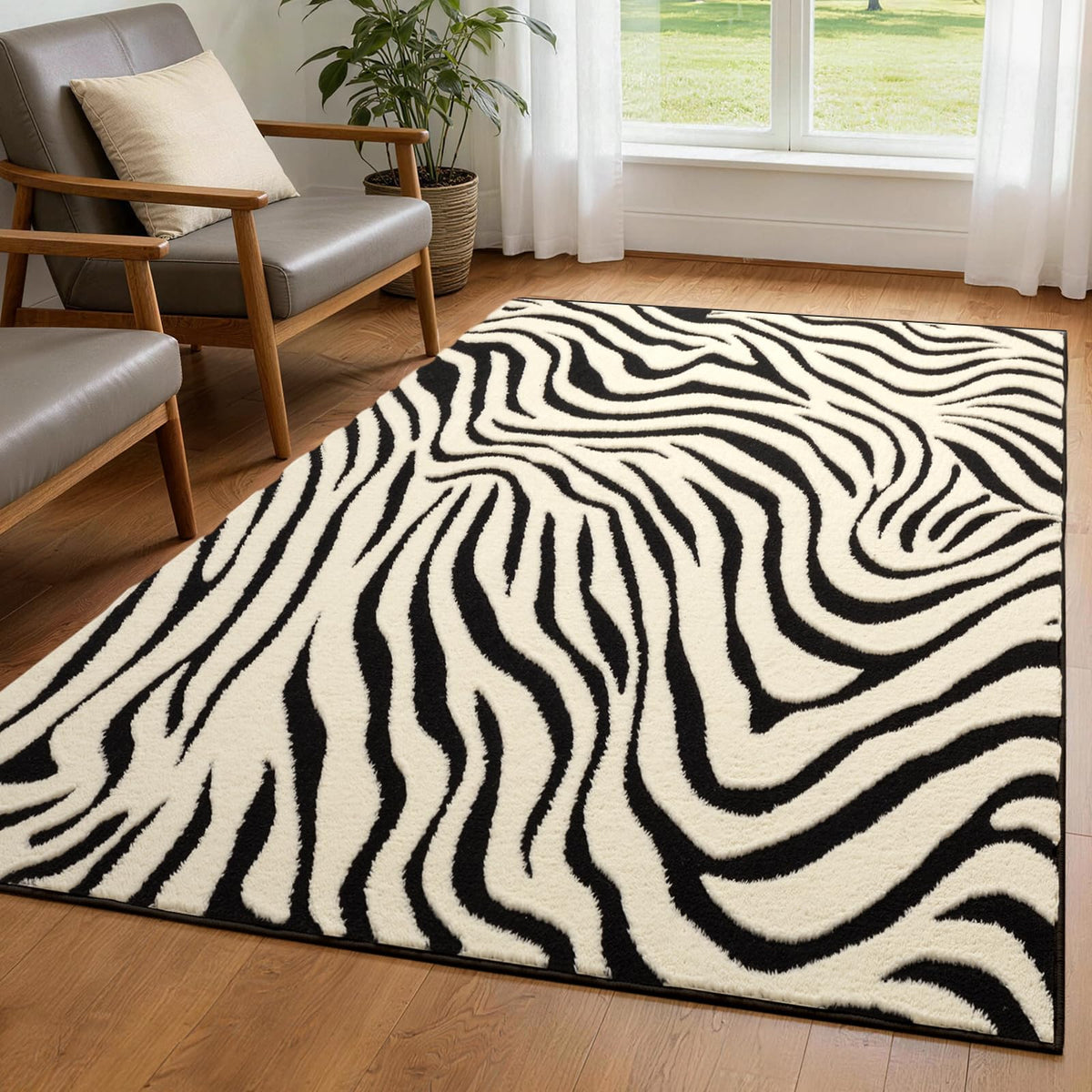 YIHOUSE 5×7 Ft Area Rugs for Living Room: Modern Washable Rug - Abstract Black and Cream White Rug for Bedroom Dining Room Office Playroom Nursery Home Decor - Nonslip Non-Shedding Striped Rugs