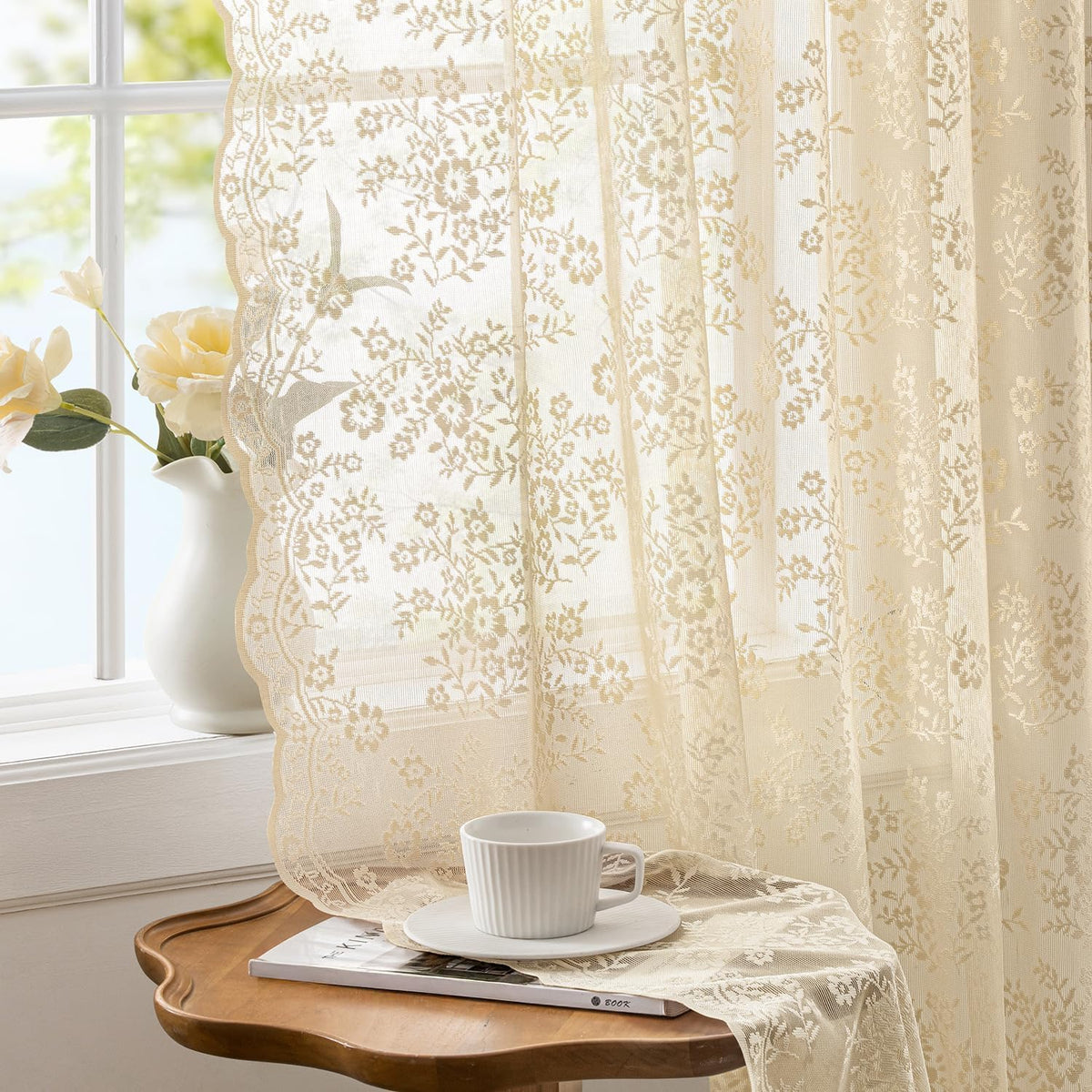 2 Panels Vintage Lace Curtains 63 Inches Length 52 x 63 Inch Ivory